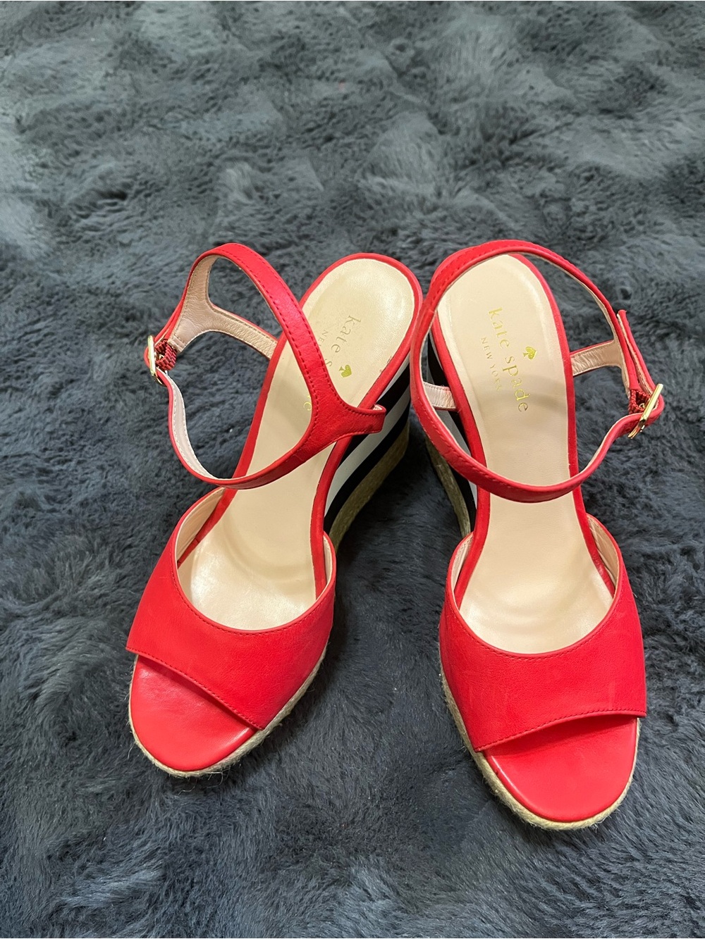 Kate Spade  Red Leather Wedge Sandals with Striped Platform 7.5M - Picture 4 of 14